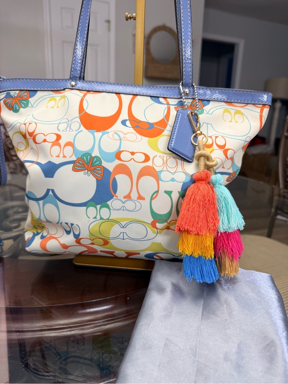 Coach Multicolor Signature Tote with Blue Trim and Tassel - Picture 3 of 7